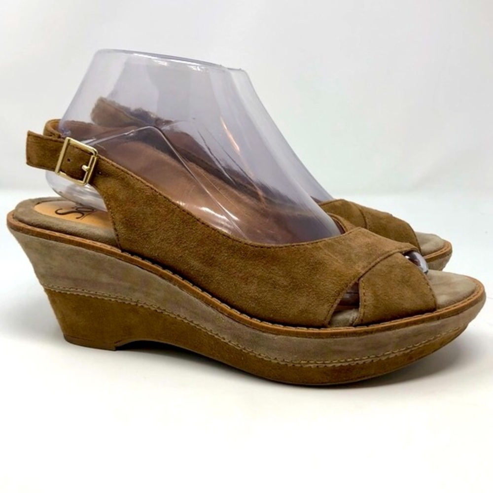 Sofft Tan Brown Leather Wedge Platform 3” Heel Sandals Open Toe Slingback Suede - Picture 3 of 12